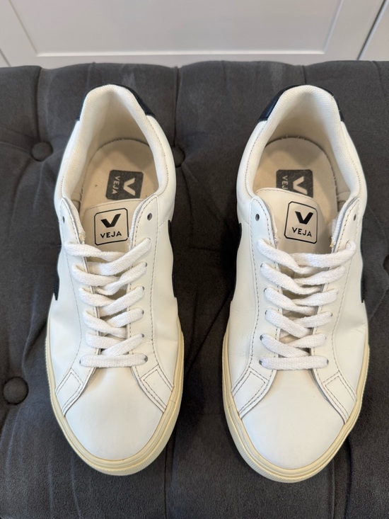Veja White Leather Sneakers with Black/Navy V Logo - Picture 4 of 10